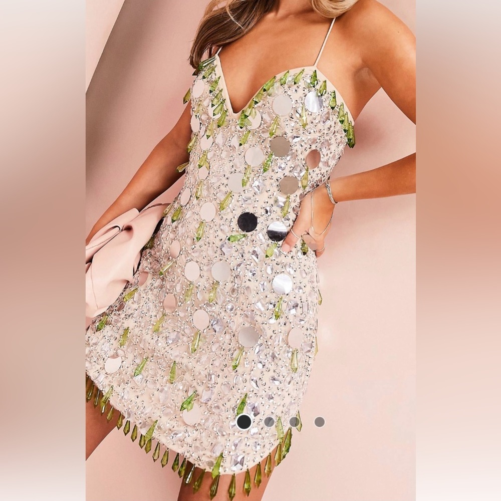 ASOS Lux beaded cami dress with green jewel fringe and mirror beads